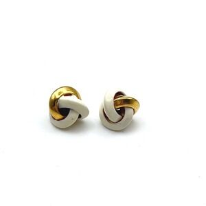 Vintage Gold Tone and White Enamel Knot Stud Earrings Minimalist Interlaced Post